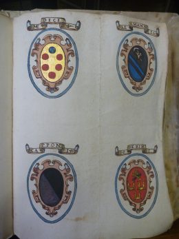 Carte Strozziane 146, coats of arms of the Medici, Alammani, Capponi, Soderini. Photo by Erin Giffin