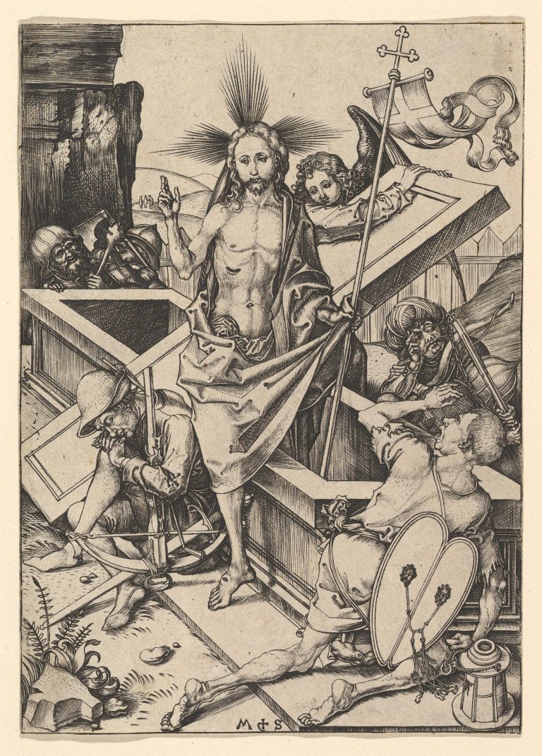 Martin Schongauer, Resurrection, c. 1470-1480, engraving, 16,4 x 11,5 cm. New York, Metropolitan Museum of Art. <br>Martin Schongauer, Resurrection, c. 1470-1480, engraving, 16,4 x 11,5 cm. New York, Metropolitan Museum of Art.
