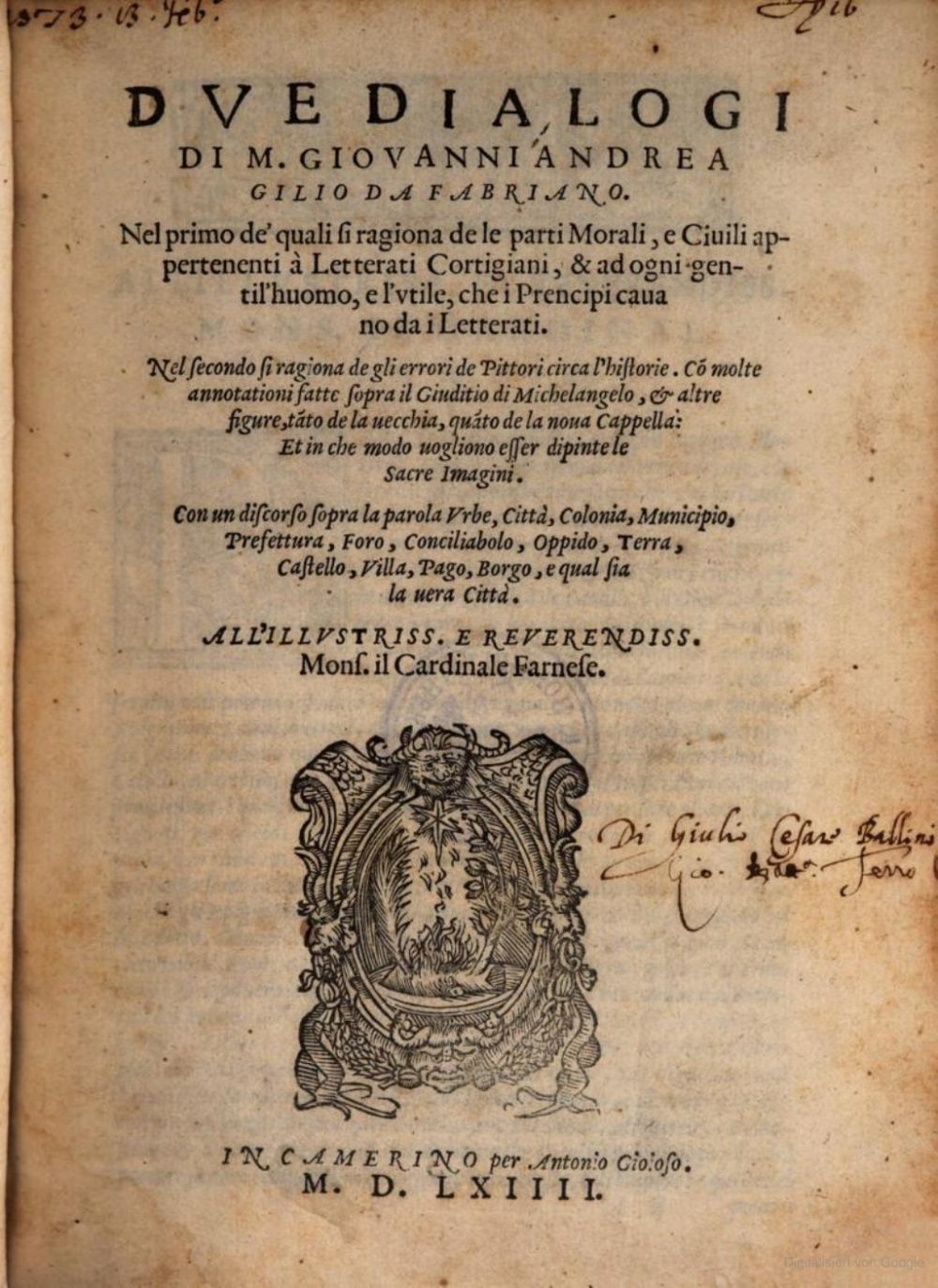 Frontispiece of: Gilio, Giovanni Andrea, Due dialogi (1564), Camerino : Antonio Giojoso