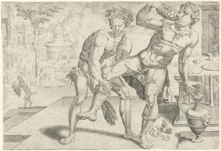 Dirck Volckertsz. Coornhert (after Maarten van Heemskerck), Wine brings man out of balance, 1551 <br>Rijkmuseum, Amsterdam, http://hdl.handle.net/10934/RM0001.COLLECT.98288