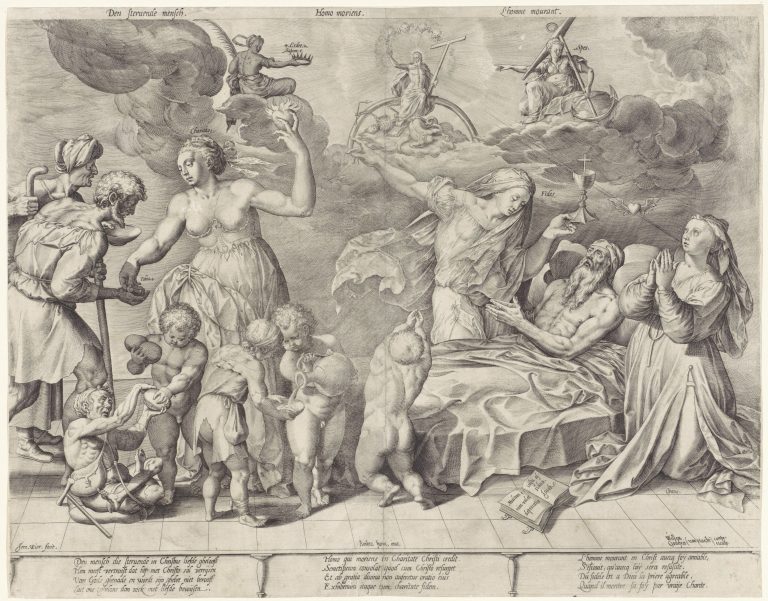 Hieronymus Wierix (after Ambrosius Francken (I), after Willem van Haecht (I), after Godefried van Haecht) - Allegory on the good death of man, 1563 - before 1619 <br>Rijksmuseum, Amsterdam, http://hdl.handle.net/10934/RM0001.COLLECT.332421