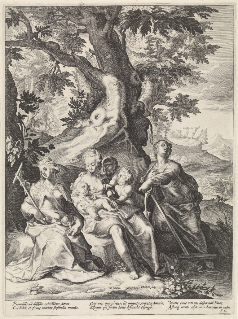 Jacob Matham (after Hendrick Goltzius), Three godly virtues in a landscape, 1590 <br>Rijksmuseum, Amsterdam, http://hdl.handle.net/10934/RM0001.COLLECT.150588