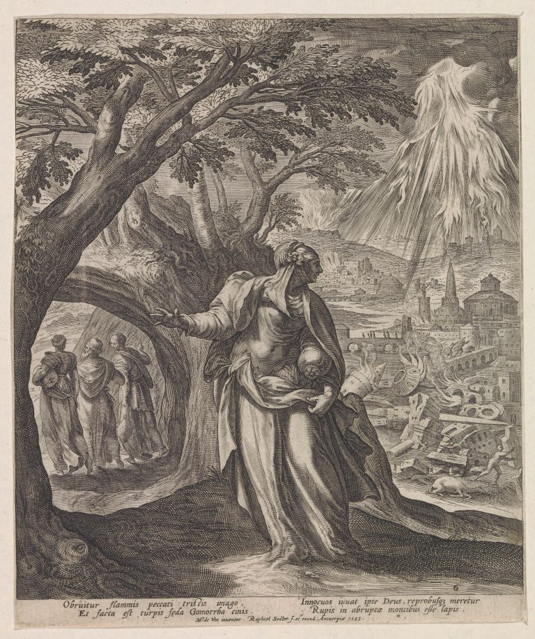 Raphaël Sadeler (after Maerten de Vos) - Lot's Wife turns into a Salt Pillar, 1583 <br>Rijksmuseum Amsterdam, http://hdl.handle.net/10934/RM0001.COLLECT.168787