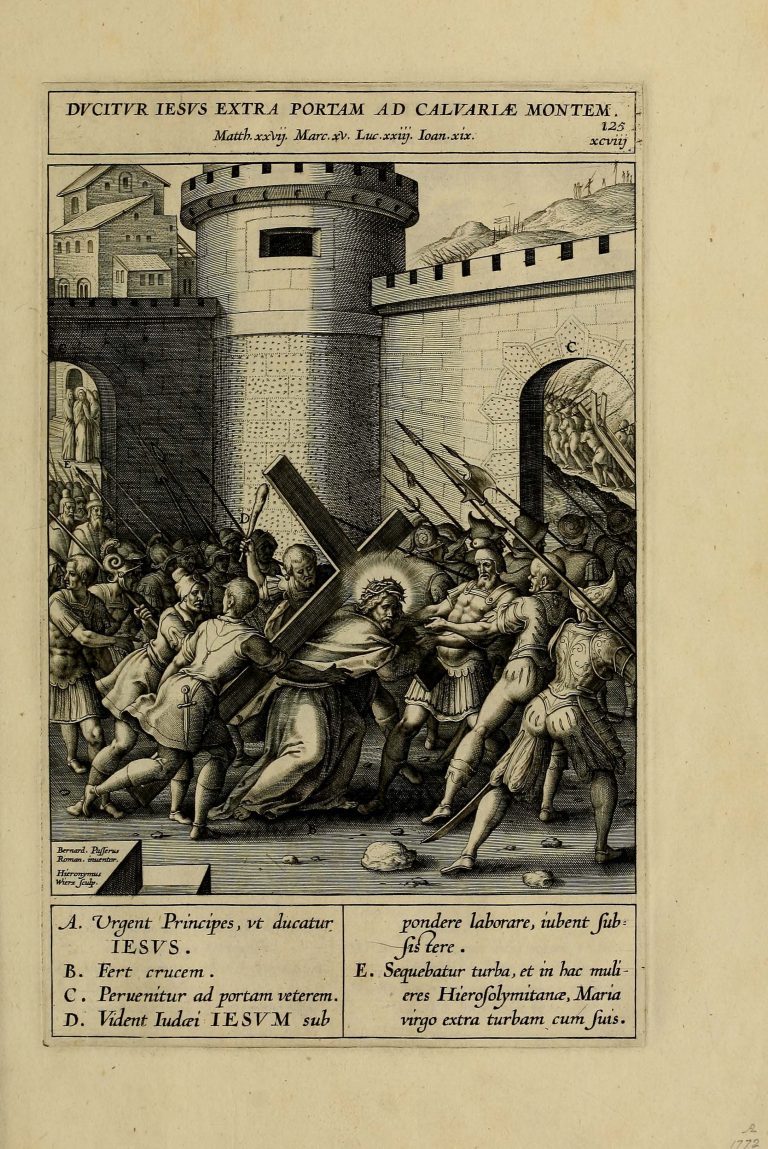 Jeronimo Nadal, Christ Carrying the Cross (Passion of Christ), plate 125 from Evangelicae and Adnotationes (1593), which engravings illustrate the Biblia Natalis <br>Internet archive (original from Getty Research Institute)