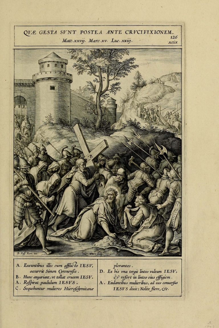 Jeronimo Nadal, Christ Carrying the Cross (Passion of Christ), plate 126 from Evangelicae and Adnotationes (1593), which engravings illustrate the Biblia Natalis <br>Internet archive (original from Getty Research Institute)