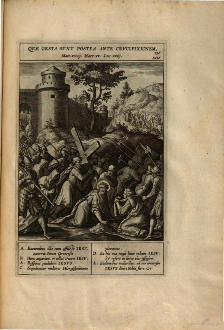 Jeronimo Nadal, Christ Carrying the Cross (Passion of Christ), plate 126 from Evangelicae and Adnotationes (1593), which engravings illustrate the Biblia Natalis <br>Internet archive (original from Getty Research Institute)